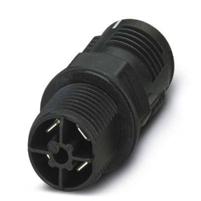 Ein schwarzer, zylindrischer elektrischer Anschluss mit mehreren Pins, der zum Verbinden von Kabeln in elektronischen oder industriellen Geräten verwendet wird.