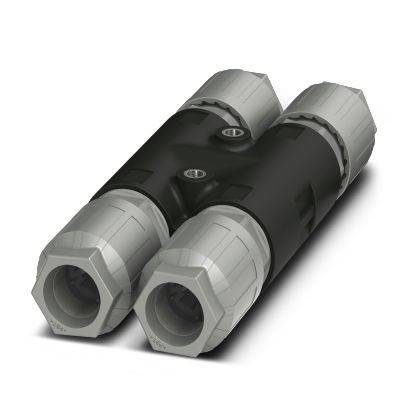 Kompaktes schwarz-silbernes optisches Doppellinsen-Gerät mit zwei vorderen Linsen, gezeigt auf weißem Hintergrund.