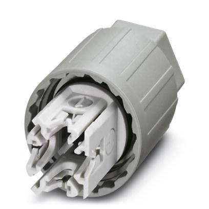 Ein grauer Kunststoffverbinder mit mehreren Stiften, möglicherweise für elektrische oder mechanische Zwecke, der auf einem weißen Hintergrund schräg abgebildet ist.