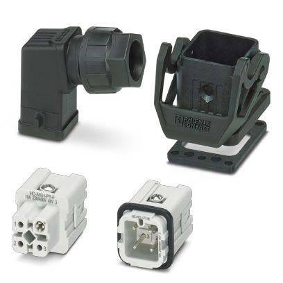 Elektrische Anschlüsse mit einem Winkelstecker (männlich) und einer Buchse (weiblich) mit weißen Innenmodulen, geeignet für industrielle Anwendungen.