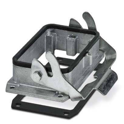 Ein Metallmontagerahmen mit Klammern und Gummiummantelung, wahrscheinlich verwendet zum Befestigen von elektrischen oder mechanischen Komponenten an ihrem Platz.