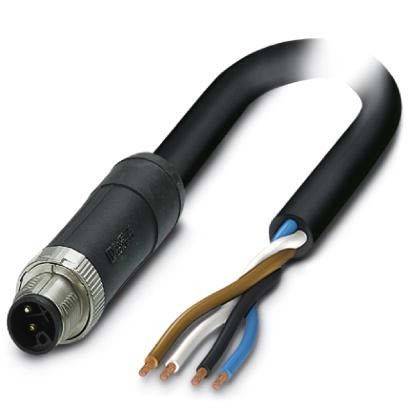 Ein schwarzes Netzkabel mit einem metallischen zylindrischen Stecker an einem Ende und vier freigelegten Drähten in den Farben Braun, Blau, Schwarz und Weiß am anderen Ende.
