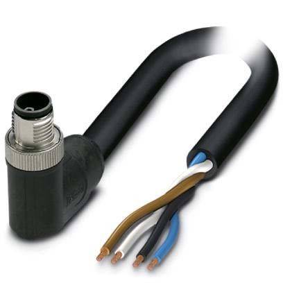 Ein schwarzes elektrisches Kabel mit vier freiliegenden farbigen Leitern (braun, blau, schwarz, weiß), die aus einem Anschluss herausragen und auf eine Verwendung in der Schaltungstechnik hindeuten.