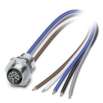Ein mehrfarbiges Kabel mit einem Metallstecker, das aus fünf Kabeln in den Farben Blau, Weiß, Braun, Schwarz und Grau besteht, isoliert auf einem weißen Hintergrund.