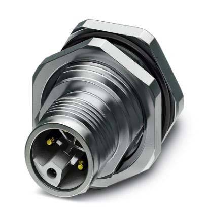 Ein metallischer industrieller Verbinder mit kreisförmigem Design, ausgestattet mit drei kleinen Pins und Gewinde für eine sichere Befestigung.