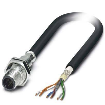 Ein schwarzes Kabel mit einem Metallsteckerend und freiliegenden farbigen Leitern: braun, weiß, blau, grün-orange. Verwendet für elektrische Verbindungen.