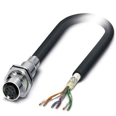 Ein schwarzes industrielles Kabel mit einem Metallstecker an einem Ende und freiliegenden Drähten am anderen Ende. Die Drähte sind blau, grün, braun und orange gefärbt.