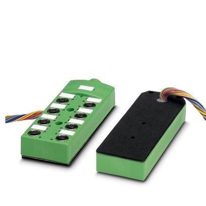 Zwei grüne rechteckige elektronische Module mit angebrachten mehrfarbigen Kabeln, eines mit mehreren kreisförmigen Tasten oder Sensoren auf der Oberseite und das andere mit einer ebenen schwarzen Abdeckung.