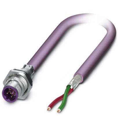 Ein lila Elektrokabel mit einem metallischen Anschluss an einem Ende und freiliegenden roten und grünen Drähten am anderen Ende.