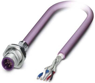 Ein violettes industrielles Kabel mit einem Metallstecker an einem Ende und freiliegenden farbigen Leitern am anderen Ende, verwendet für Daten- oder Stromübertragung.