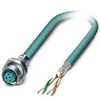 Ein türkisfarbenes Ethernet-Kabel mit einem Metallstecker an einem Ende und freiliegenden farbigen Adern am anderen Ende.