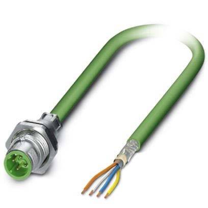 Ein grünes industrielles Kabel mit einem Metallstecker und vier freiliegenden farbigen Drähten: orange, blau, braun und weiß, am gegenüberliegenden Ende.