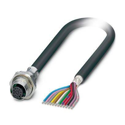 Kurzes schwarzes Kabel mit rundem Metallstecker auf der einen Seite und freigelegten mehrfarbigen Drähten auf der anderen Seite.