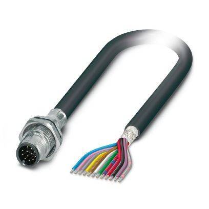 Rundes schwarzes Kabel mit einem Mehrpin-Stecker an einem Ende und freiliegenden farbigen Drähten am anderen Ende, dargestellt auf weißem Hintergrund.