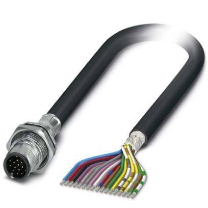 Ein Mehrleiter-Kabel mit einem Metallstecker an einem Ende und freigelegten farbcodierten Leitern am anderen Ende, verwendet für elektronische Verbindungen.