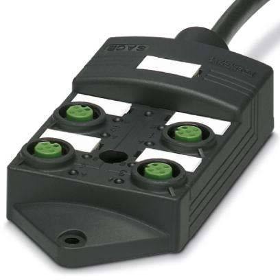 Ein schwarzer elektronischer Anschluss mit vier grünen Ports und einem Kabel, das von der Oberseite abgeht.