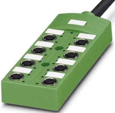 Ein grüner industrieller Verbindungsblock mit acht kreisförmigen Anschlüssen und einem schwarzen Kabel, das an einem Ende angeschlossen ist, wird zur Verbindung elektrischer Komponenten verwendet.