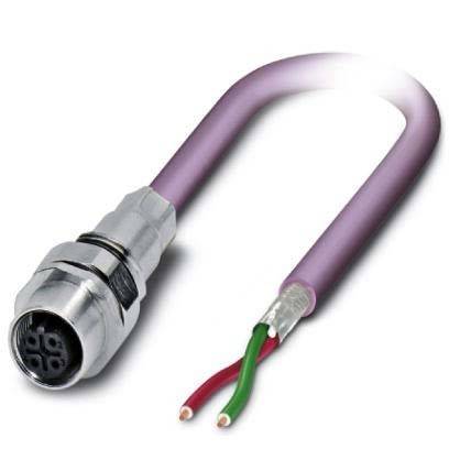 Ein Datenkommunikationskabel mit einem Anschluss auf der einen Seite und freigelegten grünen und roten Leitern auf der anderen Seite, verwendet für industrielle Netzwerke.