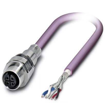 Ein lila industrielles Kabel mit einem Metallstecker an einem Ende und freiliegenden Drähten am anderen Ende, die rote, blaue und weiße Leitungen zeigen.