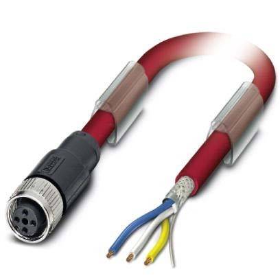 Ein roter industrieller Kabel mit einem silbernen Rundstecker und freigelegten Drähten am anderen Ende. Entwickelt für elektrische Verbindungen.