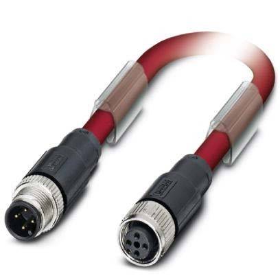 Ein rot-schwarzes Kabel mit kreisförmigen Anschlüssen an beiden Enden, das männliche und weibliche Steckkonfigurationen für elektrische Verbindungen zeigt.