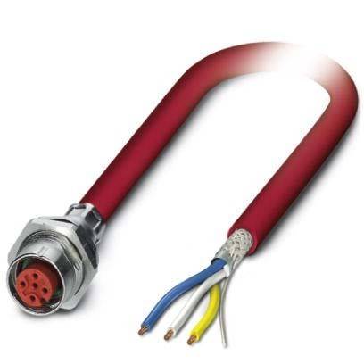 Ein rotkabelt industrielles Elektrokabel mit einem Rundstecker, an dem vier freiliegende Kabel in den Farben Blau, Gelb, Weiß und Schwarz zu sehen sind.