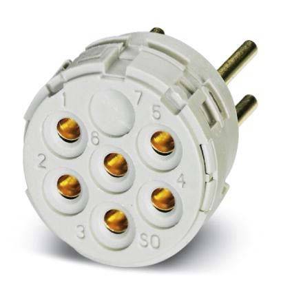 Ein Sieben-Pin-Elektro-Steckverbinder mit beschrifteten Pins und Goldkontakten, der für sichere und effiziente elektrische Verbindungen verwendet wird.