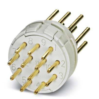Ein weißer, kreisförmiger elektrischer Steckverbinder mit zwölf vergoldeten Pins, die von 1 bis 12 nummeriert sind, der zur Verbindung von elektronischen Komponenten verwendet wird.