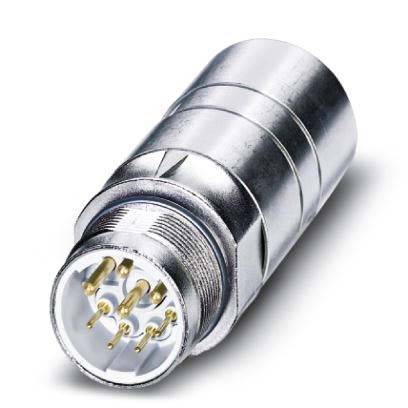 Eine Nahaufnahme eines metallischen elektrischen Anschlusses mit mehreren Goldstiften, der für sichere Daten- oder Stromübertragung in elektronischen Geräten verwendet wird.