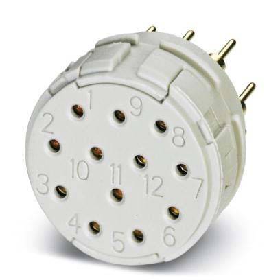 Eine runde, weiße, mehrpolige elektrische Steckdose mit Zahlen von 1 bis 12 rund um die Oberfläche, die auf einer Seite Metallkontakte aufweist.