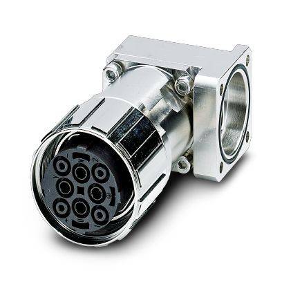 Metallischer kreisförmiger industrieller Elektrostecker mit mehreren Stiftbuchsen und einem quadratischen Montageflansch auf weißem Hintergrund