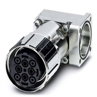 Ein metallischer industrieller Verbinder mit mehreren kreisförmigen Anschlüssen, der für elektrische Verbindungen verwendet wird und von einem quadratischen Montagebügel umgeben ist.