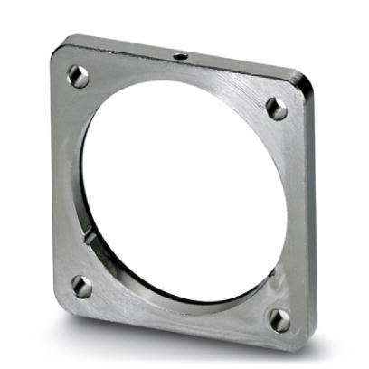 Eine quadratische Metallflansche mit einer zentralen kreisförmigen Öffnung und vier Befestigungslöchern an jeder Ecke, die als Anschluss- oder Verbindungskomponente verwendet wird.