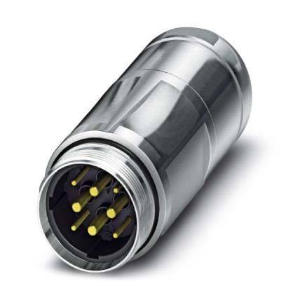 Ein metallischer Rundsteckverbinder mit mehreren Goldkontakten, der für elektrische Verbindungen verwendet wird. Er verfügt über eine Schraubverschlussdesign für eine sichere Befestigung.