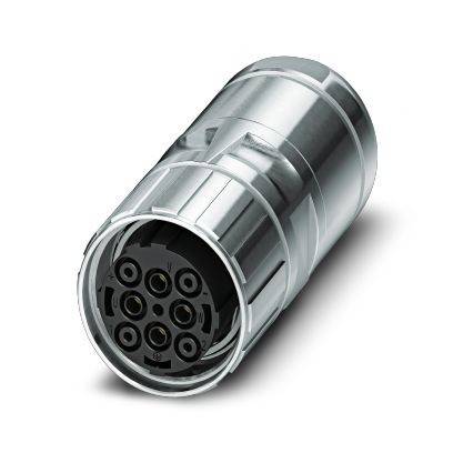 Metallischer zylindrischer Elektrostecker mit mehreren kreisförmigen Buchsenkontakten, dargestellt auf weißem Hintergrund.