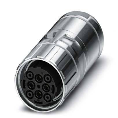 Ein zylindrischer Metallstecker mit mehreren kleinen, runden Anschlüssen, wahrscheinlich ein Verbinder für elektronische oder automotive Zwecke.