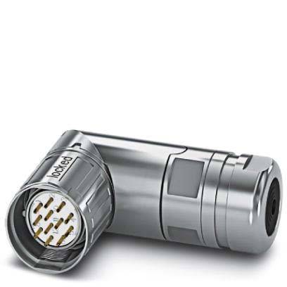 Ein silberner Koaxialkabelstecker, der in einer detaillierten Nahaufnahme gezeigt wird und mehrere Stifte in einem zylindrischen Metallgehäuse aufweist.