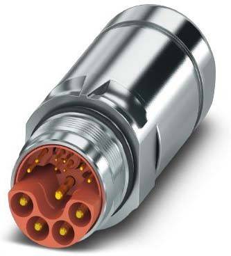 Ein zylindrischer Metallverbinder mit mehreren Pins und orangefarbenem Innenraum, der für elektrische oder Datenübertragungsanwendungen verwendet wird.