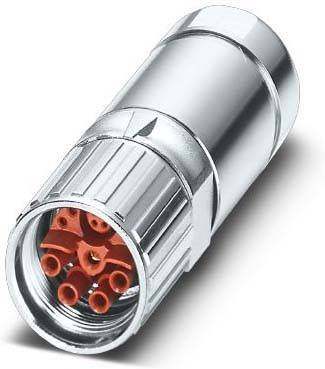 Ein metallischer zylindrischer Anschluss mit mehreren orangefarbenen Pins an einem Ende, der zum Verbinden elektrischer Geräte verwendet wird.