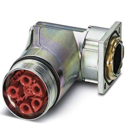Ein industrieller Verbinder mit einem Metallgehäuse und einem roten Innenraum, der mehrere kreisförmige Buchsen zur sicheren elektrischen Verbindung aufweist.