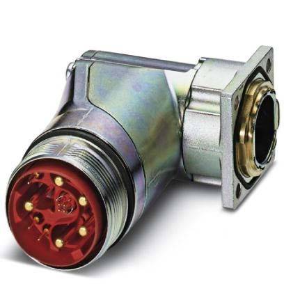 Ein gewinkelte Metall- und rote elektrische Verbindung mit mehreren Pins, für den industriellen Einsatz entwickelt, mit robuster und langlebiger Bauweise.