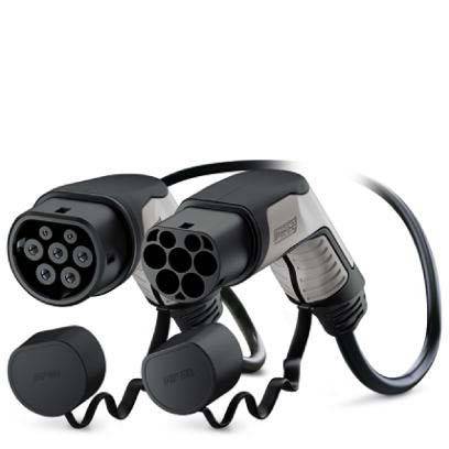 Zwei Arten von elektrischen Fahrzeug-Ladesteckern, CCS und Typ 2, auf einem weißen Hintergrund, die das Steckerdesign und die Kontakte zeigen.