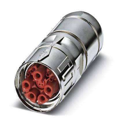 Ein metallischer zylindrischer Anschluss mit mehreren roten Öffnungen für Kabel, der in industriellen oder elektronischen Anwendungen verwendet wird.