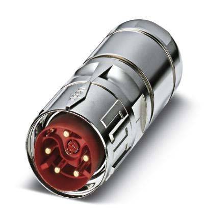 Ein silberner und roter industrieller Elektroverbinder von hoher Qualität mit mehreren Pins, der für sichere elektrische Verbindungen in Maschinen verwendet wird.