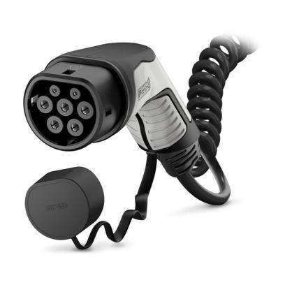 Ladestecker für Elektrofahrzeuge mit aufgewickeltem Kabel und Schutzkappe auf weißem Hintergrund.