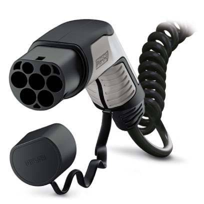 Ein Elektrofahrzeug-Ladekabel mit Sieben-Pin-Stecker, spiralförmigem Kabel und Schutzkappe, entwickelt für sicheres und effizientes Aufladen.