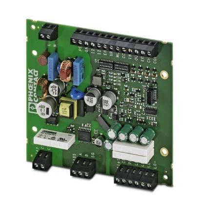 Eine grüne Leiterplatte mit verschiedenen elektronischen Bauteilen, darunter Kondensatoren, Widerstände und Anschlüsse. Die Marke 'Phoenix' ist sichtbar.