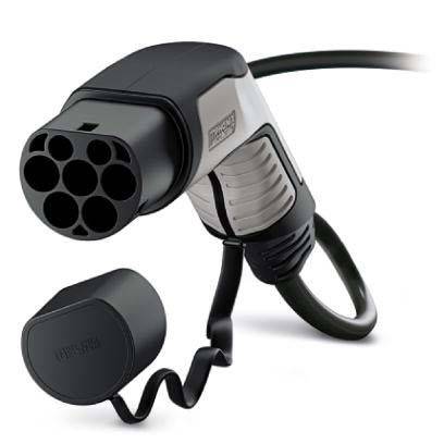 Eine Nahaufnahme eines Ladesteckers für ein Elektrofahrzeug mit einer schwarzen Kappe, die an einem aufgewickelten Kabel befestigt ist und dabei das Design und die Funktionalität des Steckers hervorhebt.