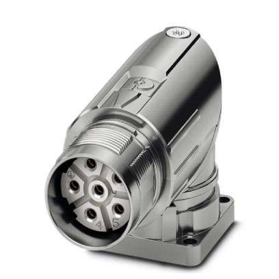 Ein metallischer Industrieanschluss mit mehreren Pins, in Winkelausführung, verwendet zum Verbinden von Kabeln in elektrischen oder elektronischen Geräten.