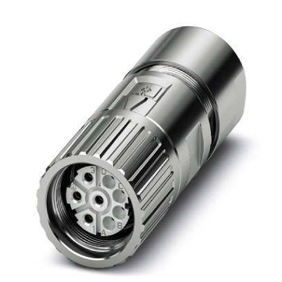 Ein metallischer zylindrischer Verbinder mit mehreren Pins und Rillen für eine sichere Befestigung. Mehrere Beschriftungen zeigen Ausrichtungspositionen an.